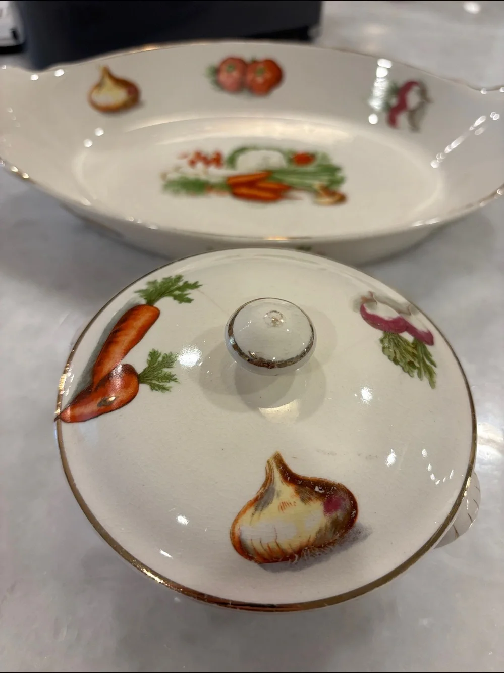 Vtg Oven-To-Table Ware 22kt Gold Japan 🍄‍🟫🫜🥕🍅🧅🫛